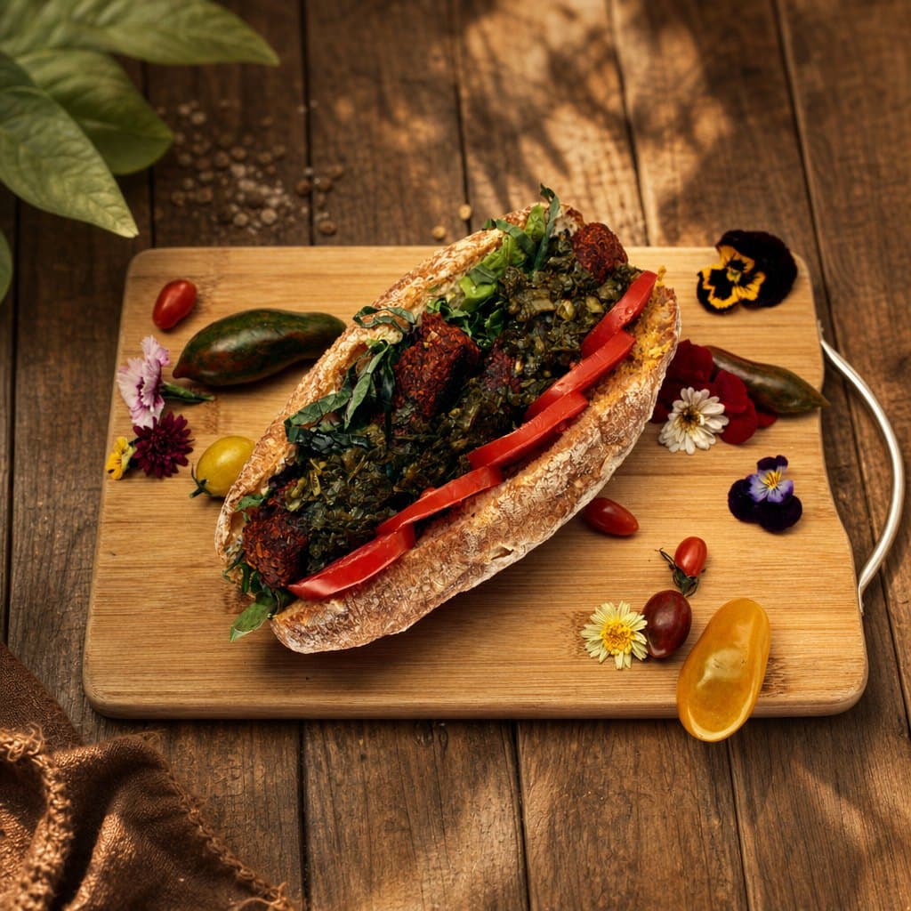 Choripán Carniveggia sobre tabla de madera — platillo de autor de Parvati
