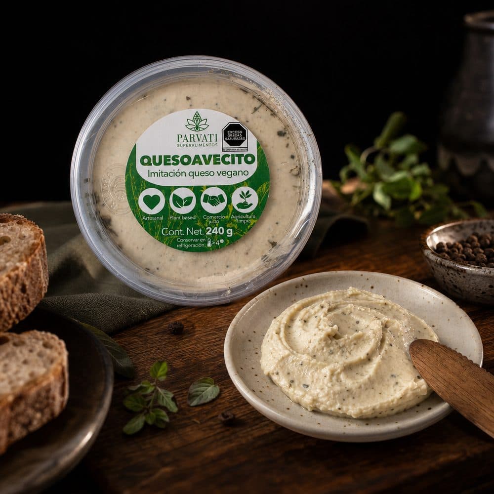 Quesoavecito: empaque y queso vegano untable sobre fondo oscuro