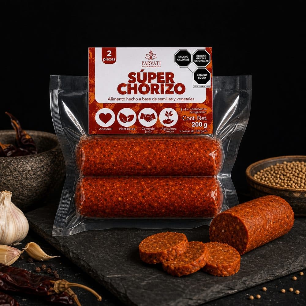 Super Chorizo Carniveggia: empaque y rebanadas sobre fondo oscuro