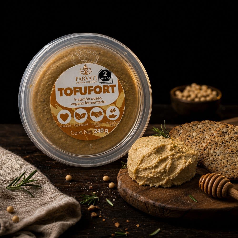 Tofufort: empaque y queso vegano untable sobre fondo oscuro