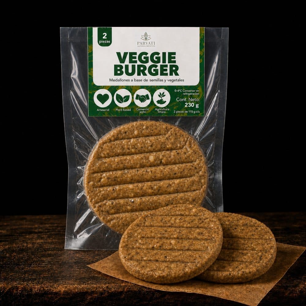 Veggie Burger Carniveggia: empaque y hamburguesas sobre fondo oscuro